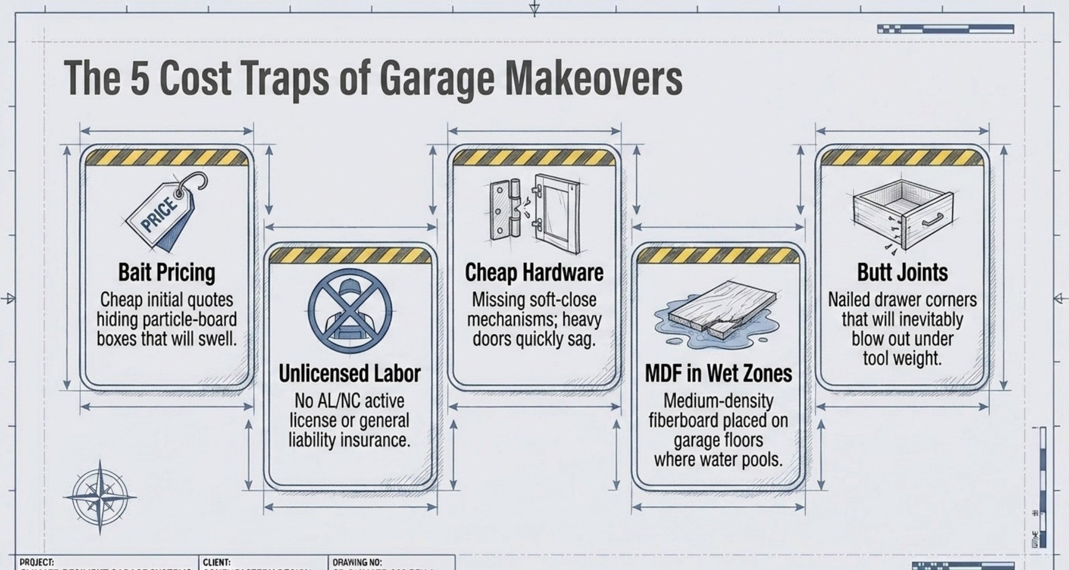 The five cost traps of garage makeovers slide listing bait pricing, cheap hardware, butt joints, unlicensed labor and MDF in wet zones