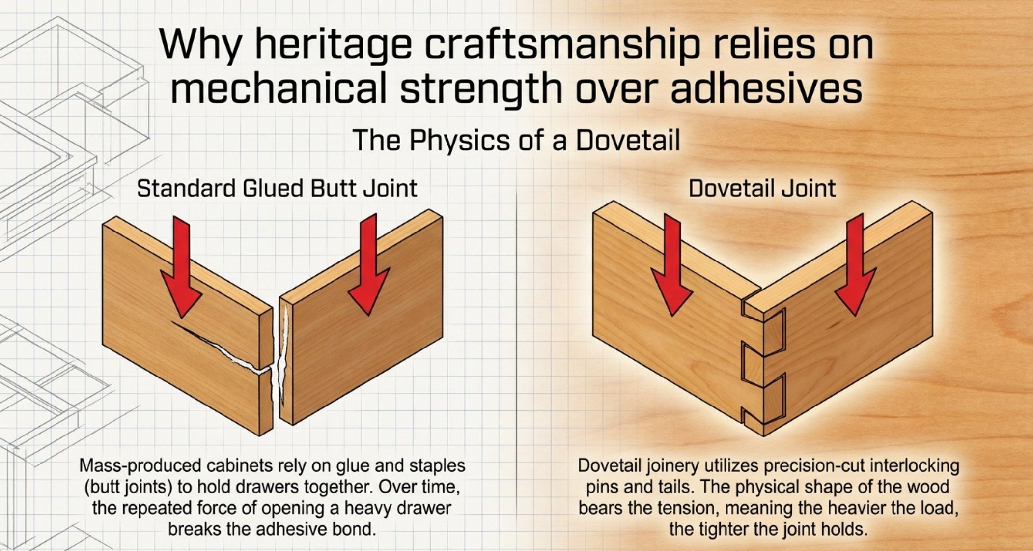 The physics of a dovetail slide comparing a standard glued butt joint with a dovetail joint and explaining why interlocking pins and tails bear the tension