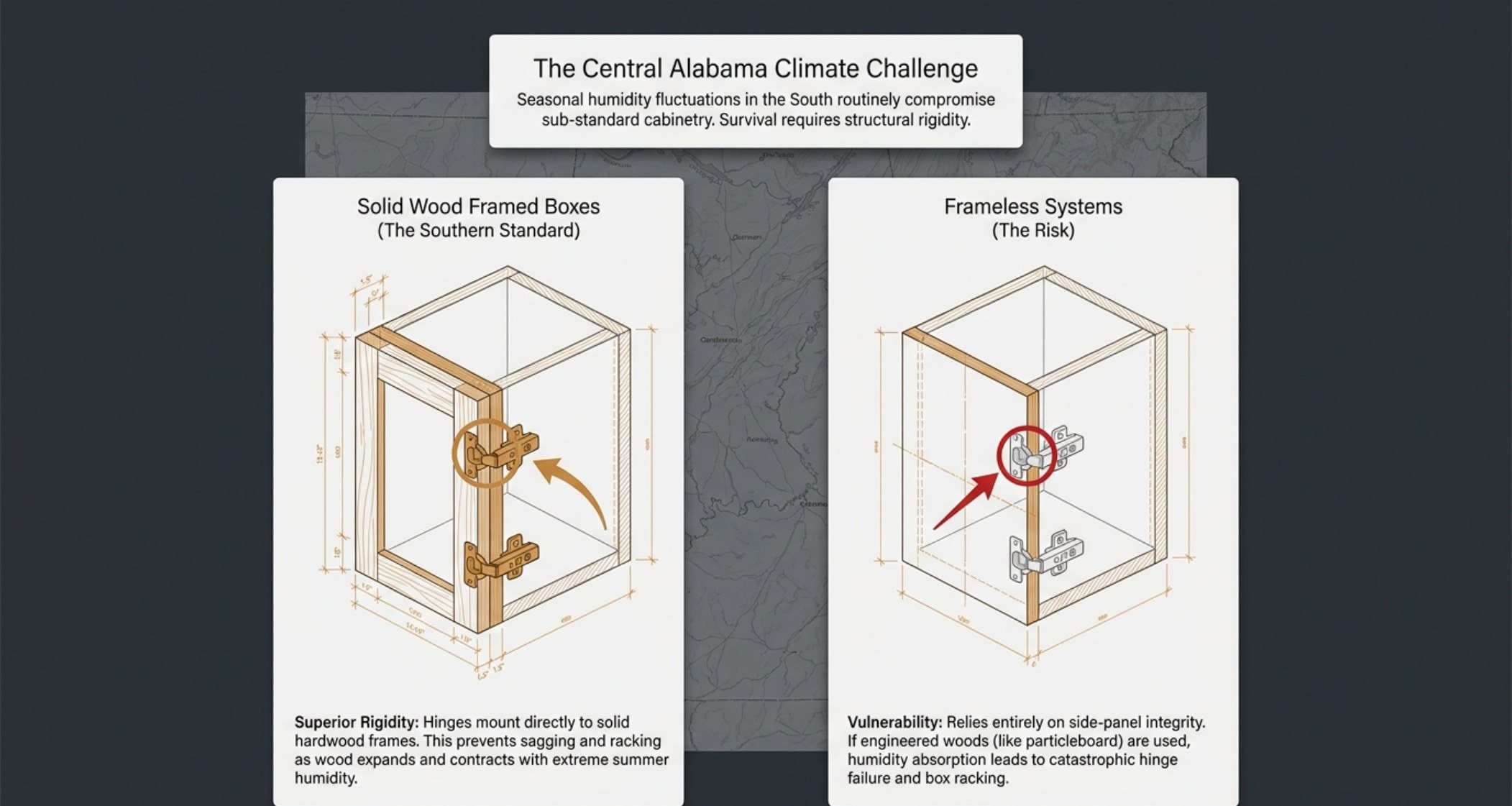 The Central Alabama climate challenge slide contrasting solid wood framed boxes with frameless systems and the risk of humidity-driven hinge failure and box racking